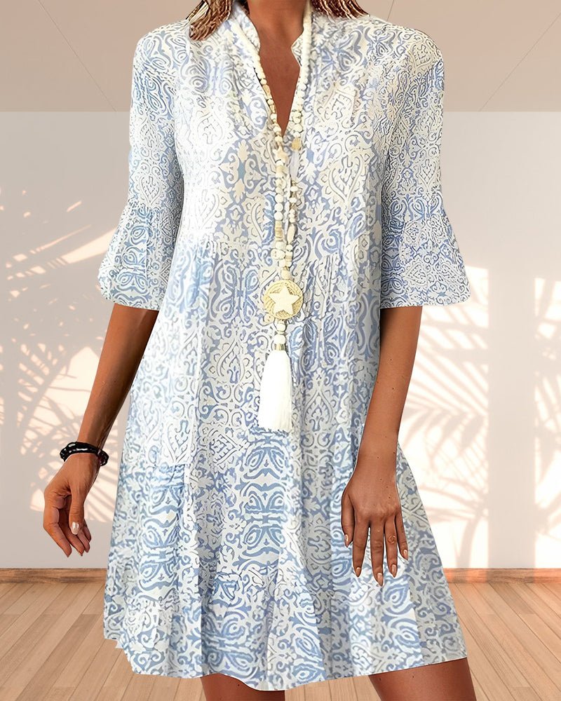 Women's blue midi dress flowing v-neck paisley