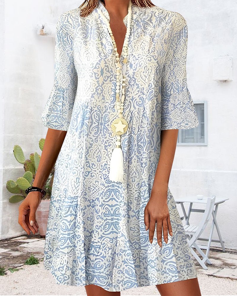 Women's blue midi dress flowing v-neck paisley