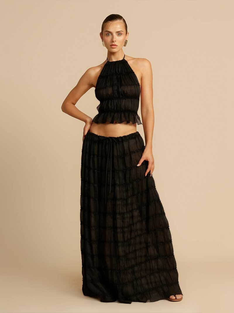 Black ruffle halter two-piece set, studio front view