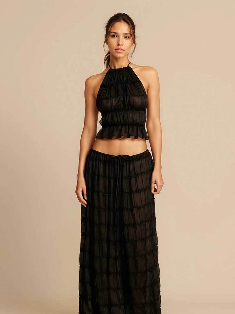 Black ruffle halter two-piece set, studio side view
