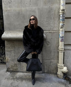 Black faux fur coat back view showing the oversized fit