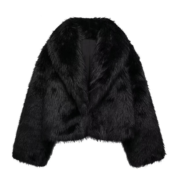 Black faux fur coat soft texture, close-up detail shot