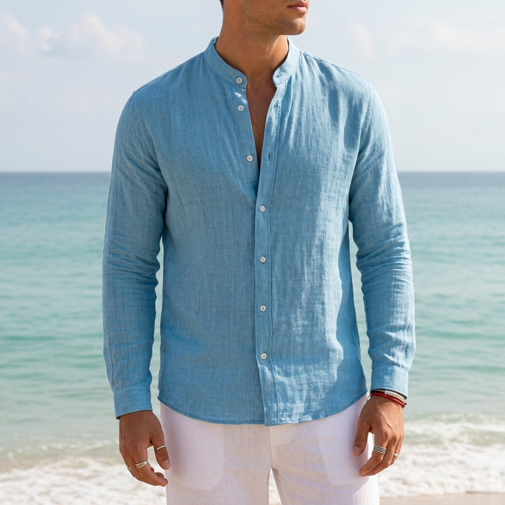 Men's linen shirt with grandad collar, available in multiple colourways, product photo 4