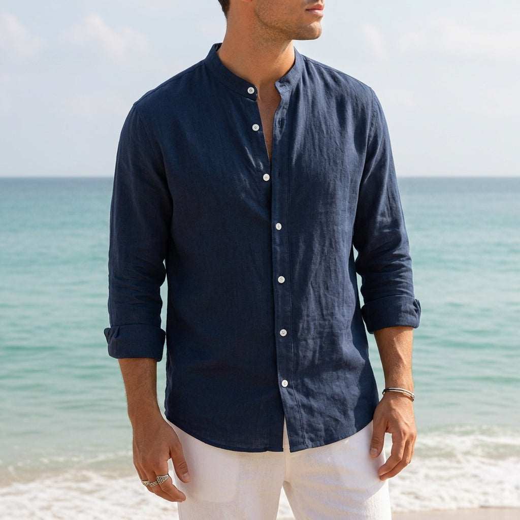 Men's linen shirt with grandad collar, available in multiple colourways, product photo 6