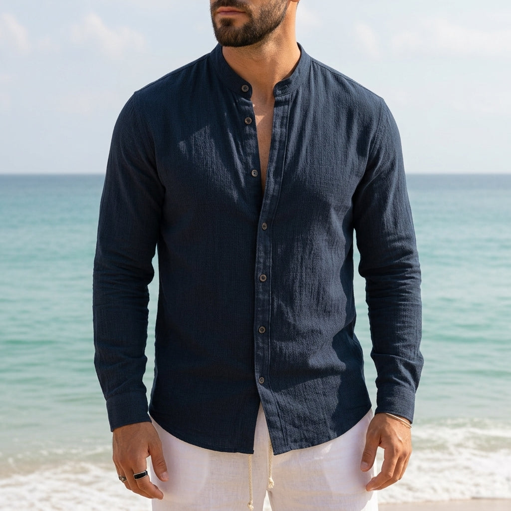 Men's linen shirt with grandad collar, available in multiple colourways, product photo 7