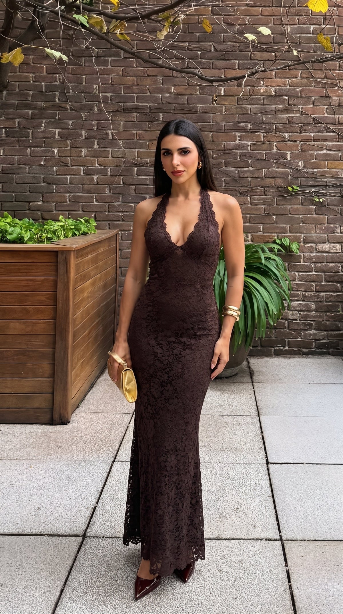 Dark brown maxi dress lace overlay detail, close-up