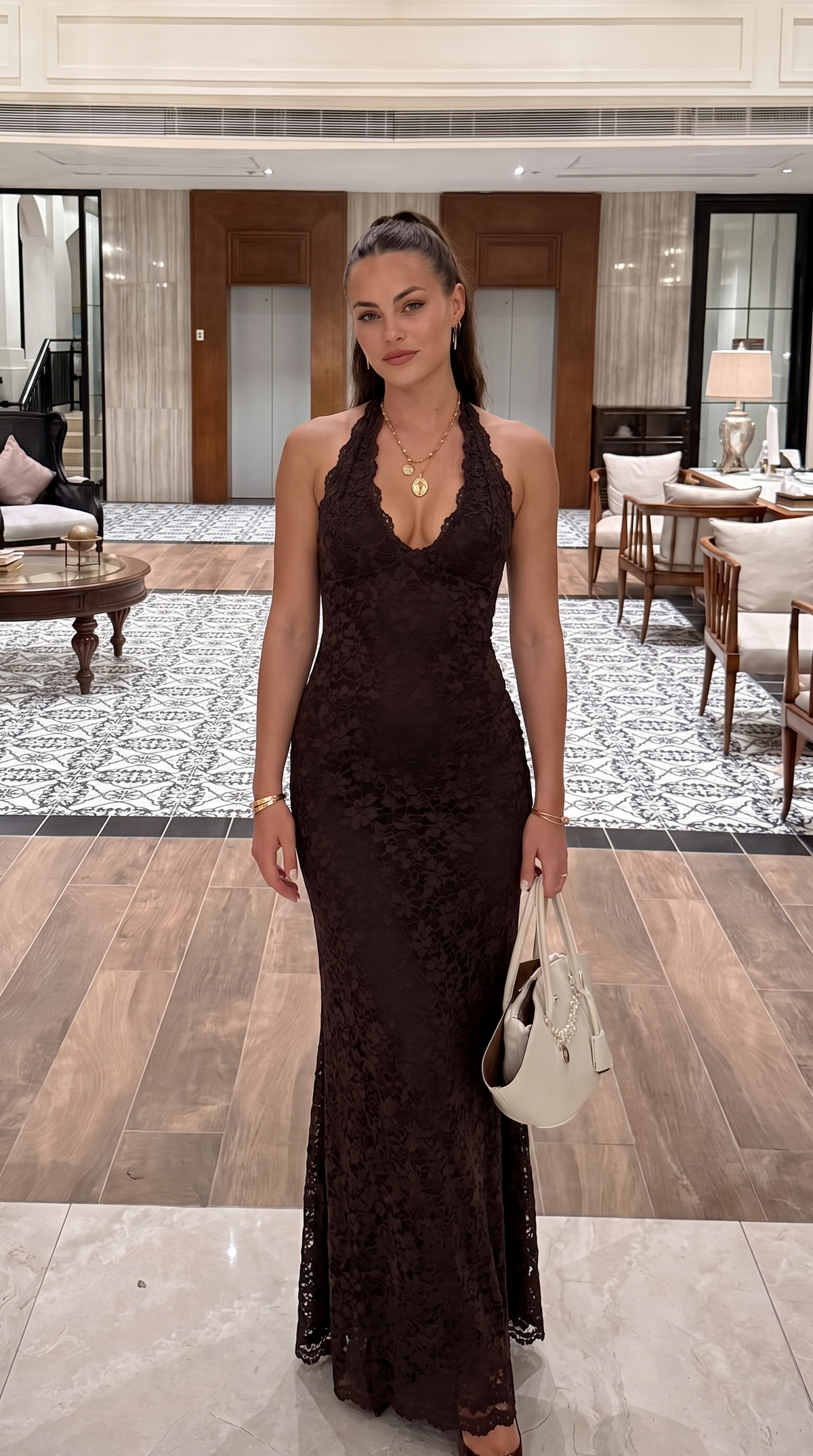 Dark brown maxi dress fitted silhouette, side view