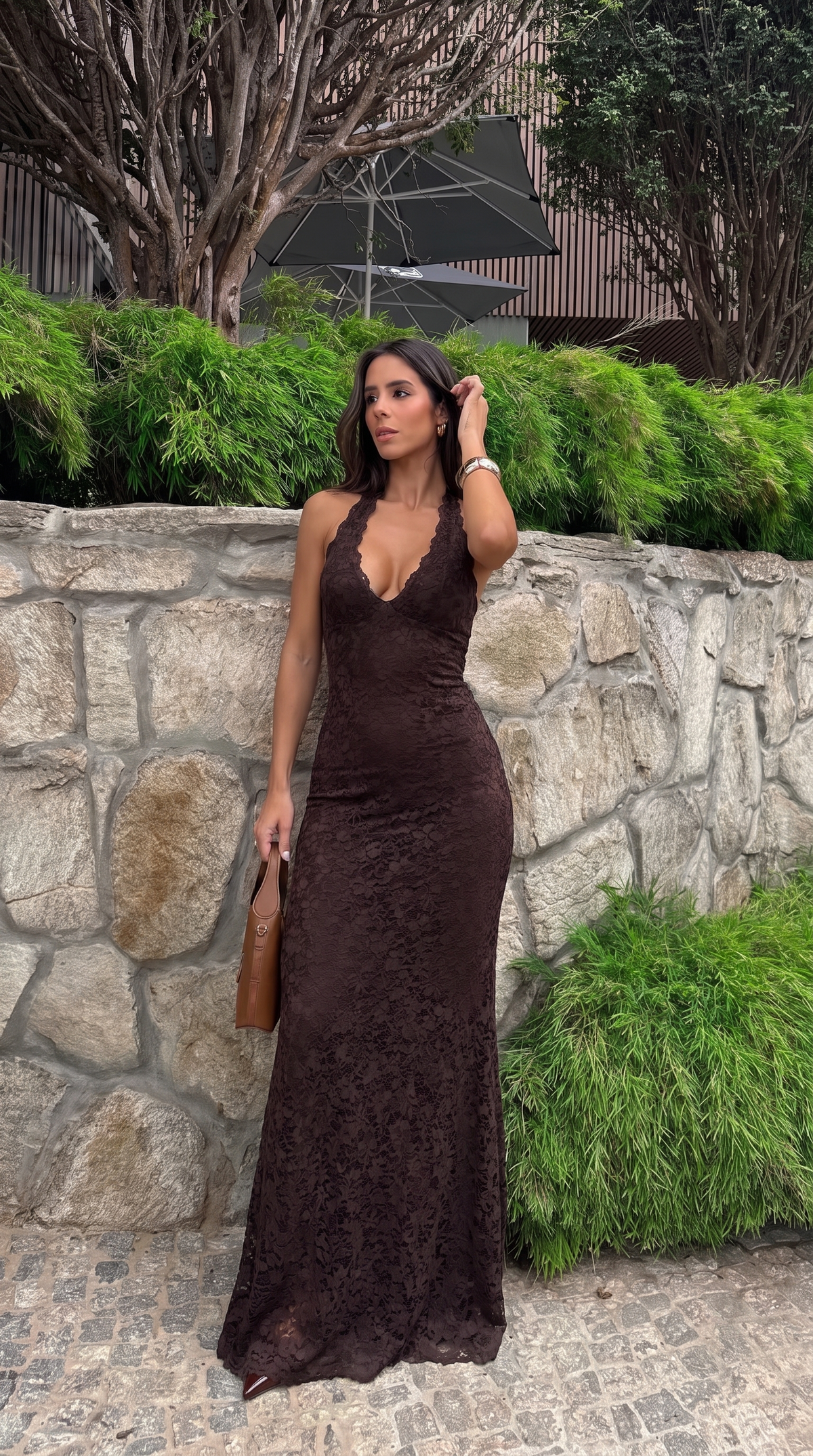 Dark brown maxi dress with invisible back zip, back view