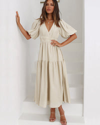 Georgia | Women's V-Neck Puff Sleeve Tiered Maxi Dress for Everyday Wear