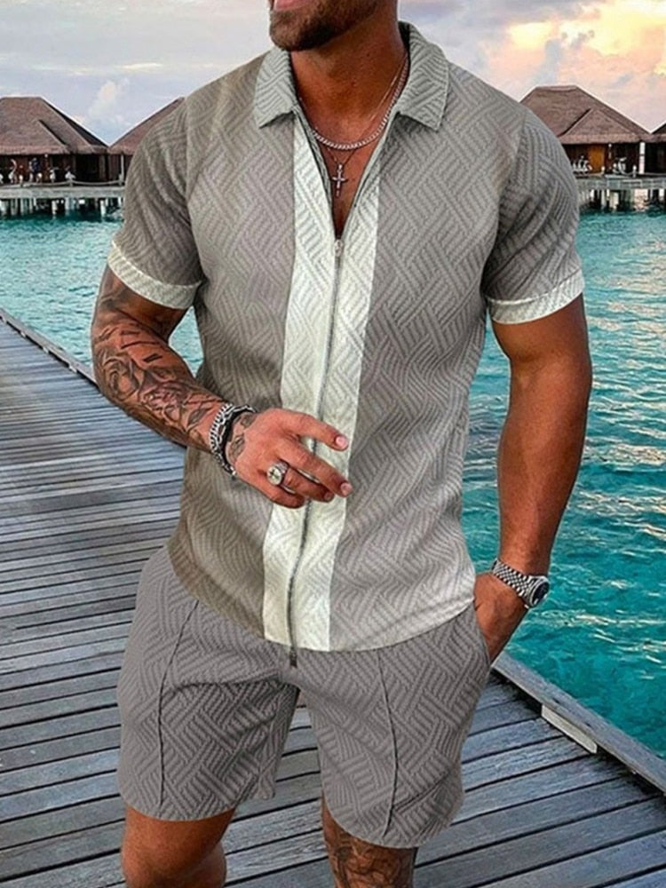 Men's streetwear polo and shorts set, available in multiple colourways, product photo