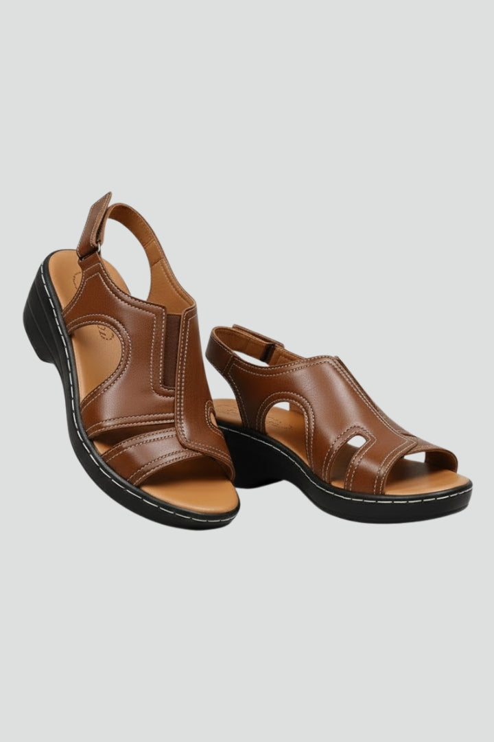 Brown platform sandals with cutout upper, product view