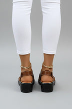 Back view of brown platform sandals showing ankle strap buckle