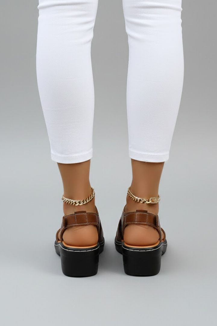 Back view of brown platform sandals showing ankle strap buckle
