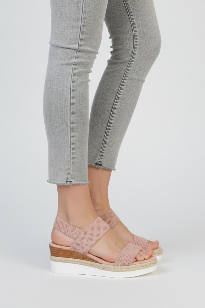 Full outfit look styled around the Blue wedge sandals for a polished finish