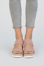 The Grey wedge sandals photographed from a different angle to show the fit