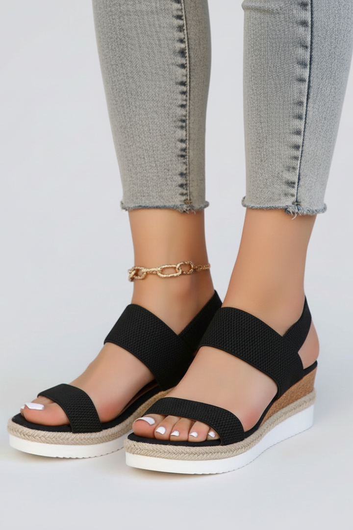 Close-up detail shot of the Black wedge sandals showing the design and stitching