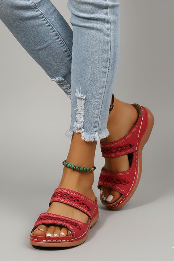 Front view of the Red slide sandals, styled for an everyday transitional outfit