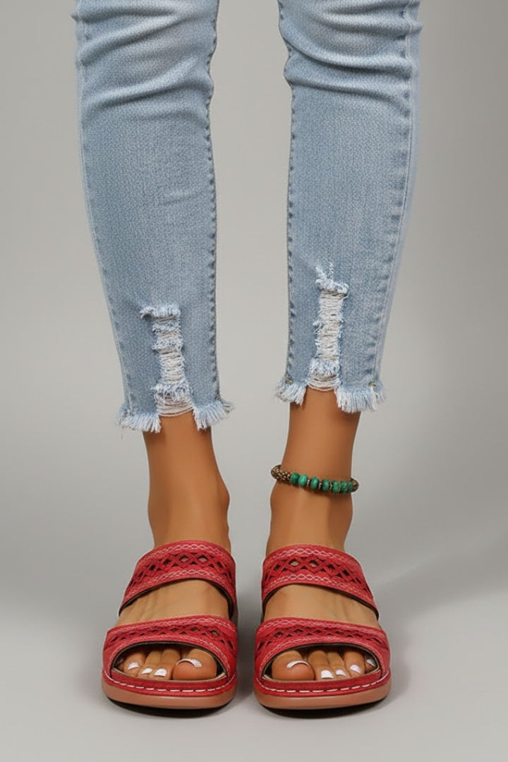 Full outfit look styled around the Blue slide sandals for a polished finish