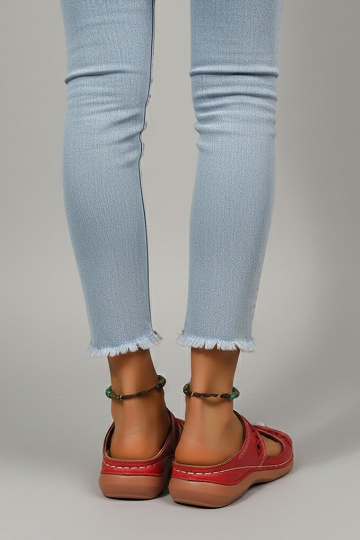 Full-length view of the Green slide sandals worn from top to bottom