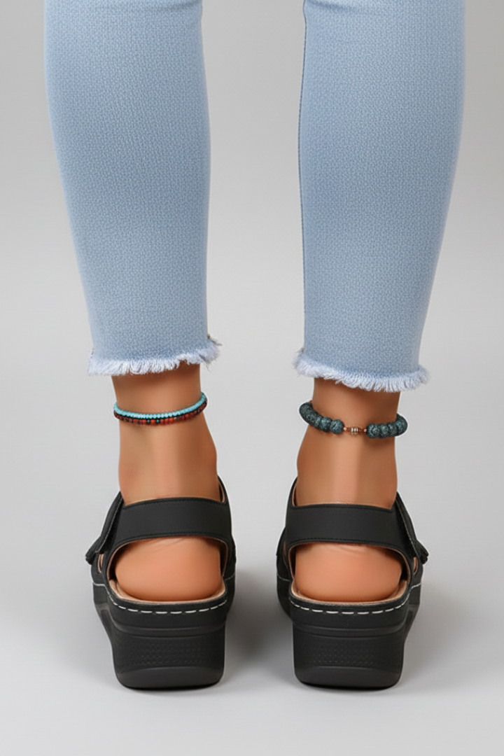 Back view of black wedge sandals showing adjustable ankle strap