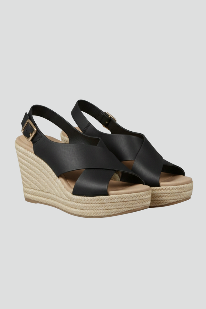 Black espadrille wedge sandals with crossover straps and slingback buckle