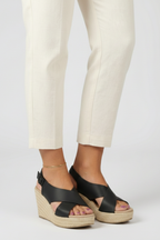 Close-up of black espadrille wedge sandal straps and woven wedge sole