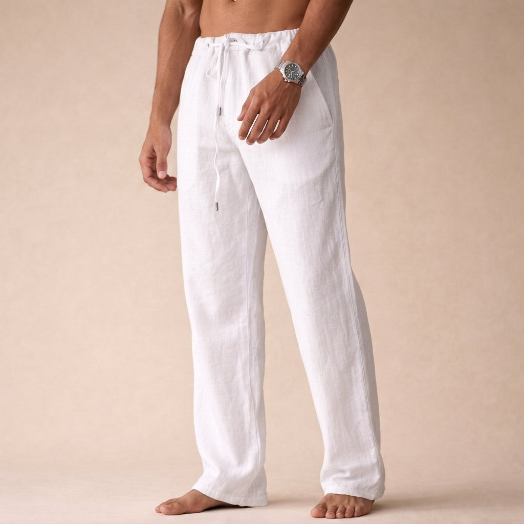Earth-tone linen pants, available in multiple colourways