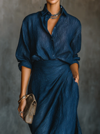 Women's navy two-piece set long-sleeve draped v-neck