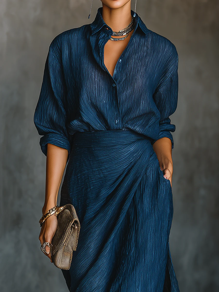 Women's navy two-piece set long-sleeve draped v-neck
