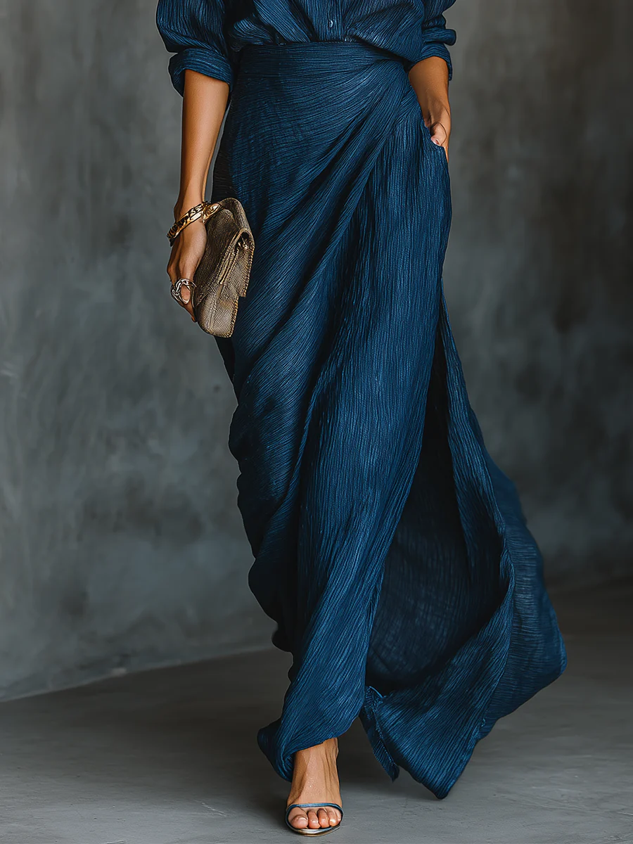 Women's navy two-piece set long-sleeve draped v-neck