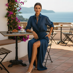 Women's navy two-piece set long-sleeve draped v-neck
