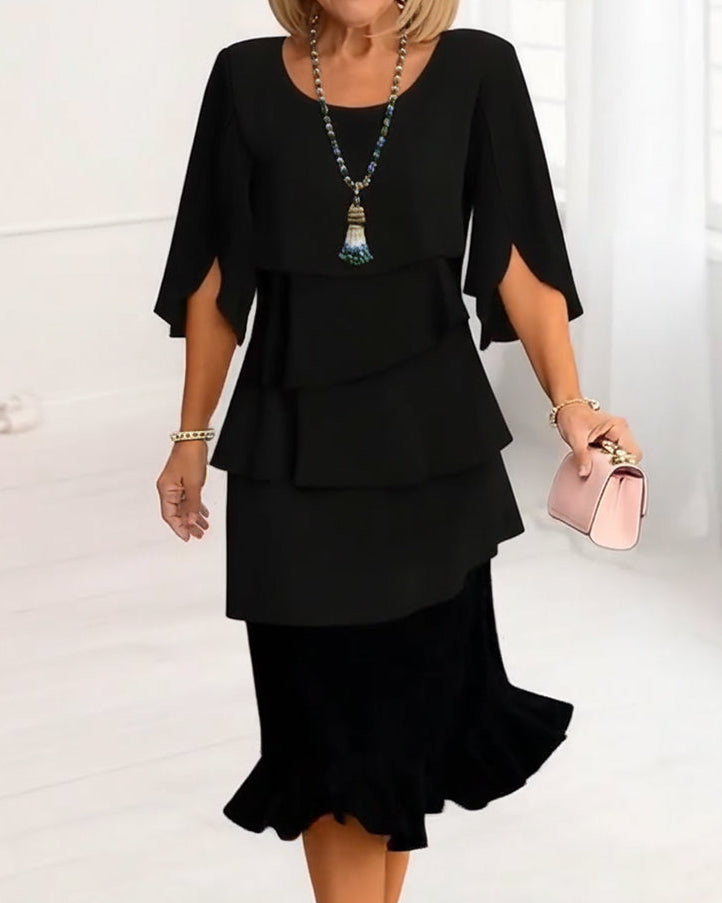 Women's black ruffle dress split-sleeve round-neck