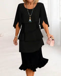Women's black ruffle dress split-sleeve round-neck