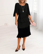 Women's black ruffle dress split-sleeve round-neck