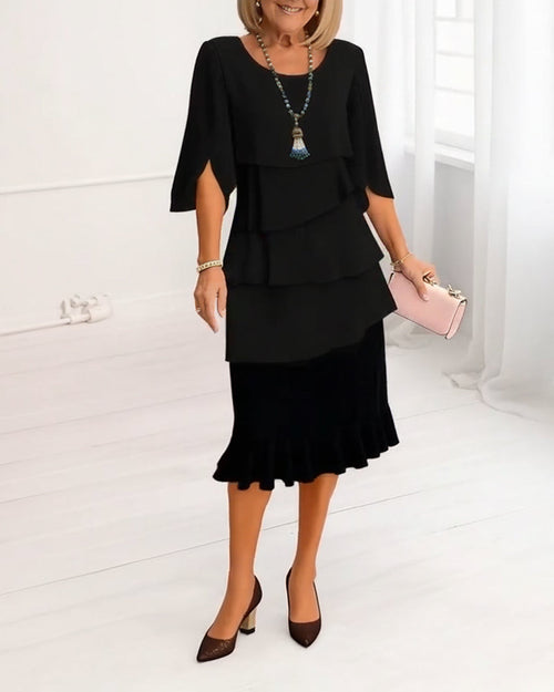 Women's black ruffle dress split-sleeve round-neck