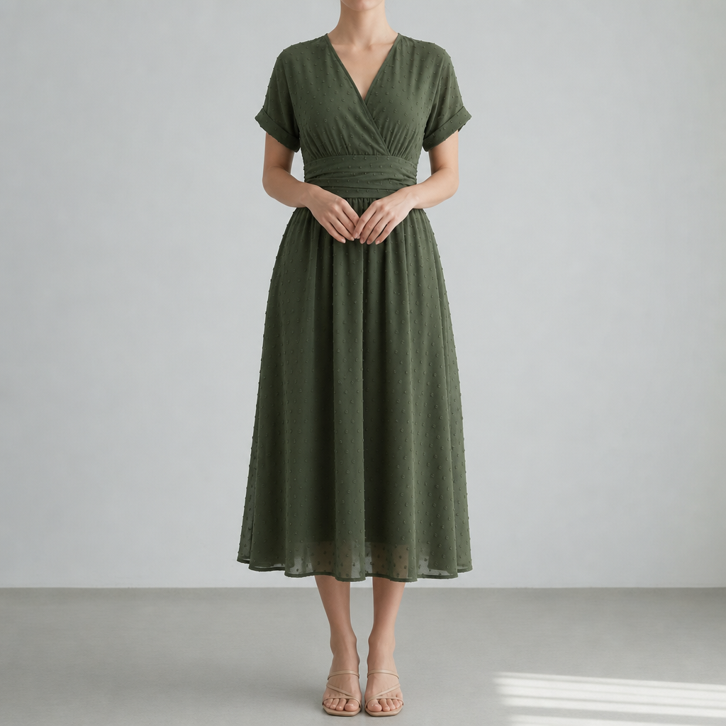 Olive green wrap midi dress with a V-neck, worn on a plain backdrop