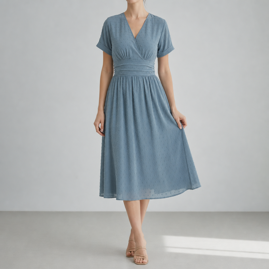 Sea blue wrap midi dress with a V-neck, worn on a plain backdrop