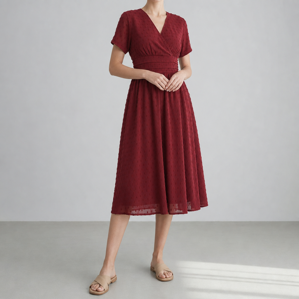 Burgundy wrap midi dress with a V-neck, worn on a plain backdrop