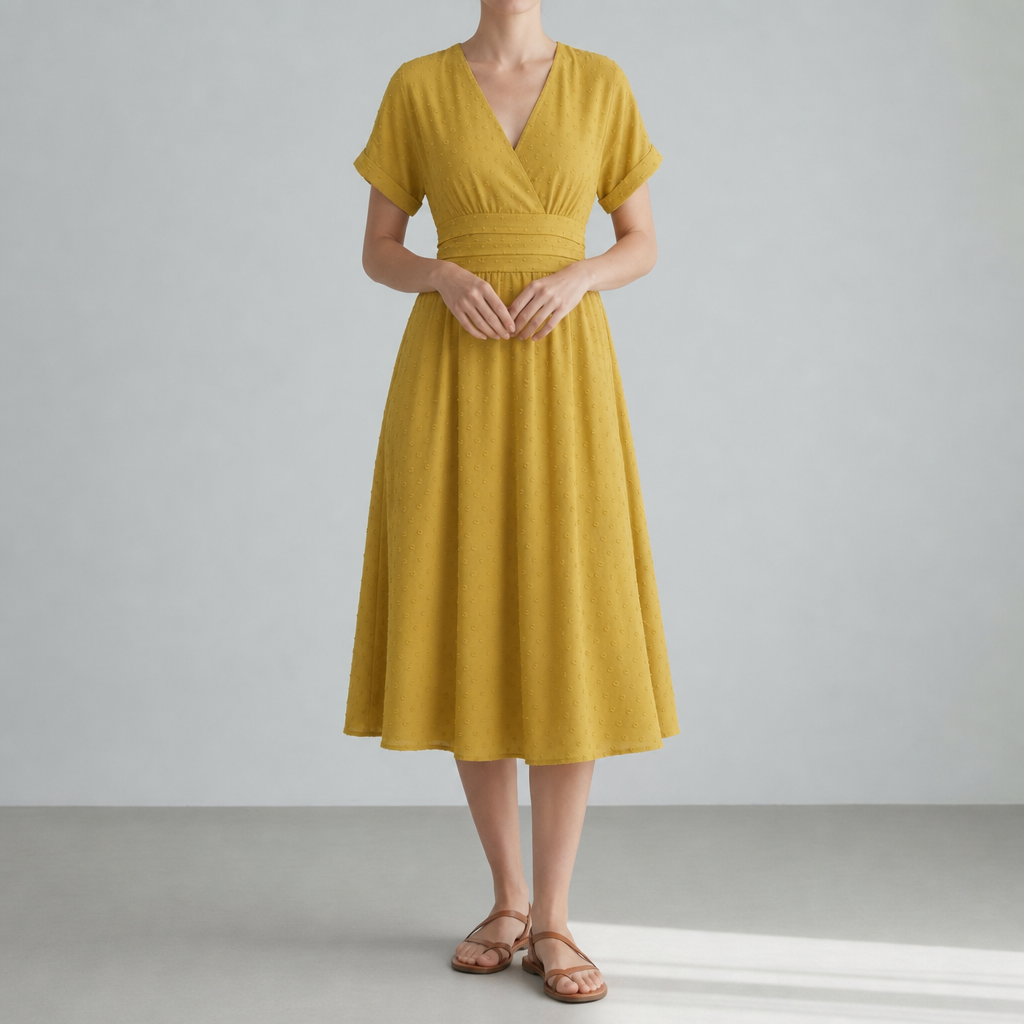 Mustard yellow wrap midi dress with a V-neck, worn on a plain backdrop