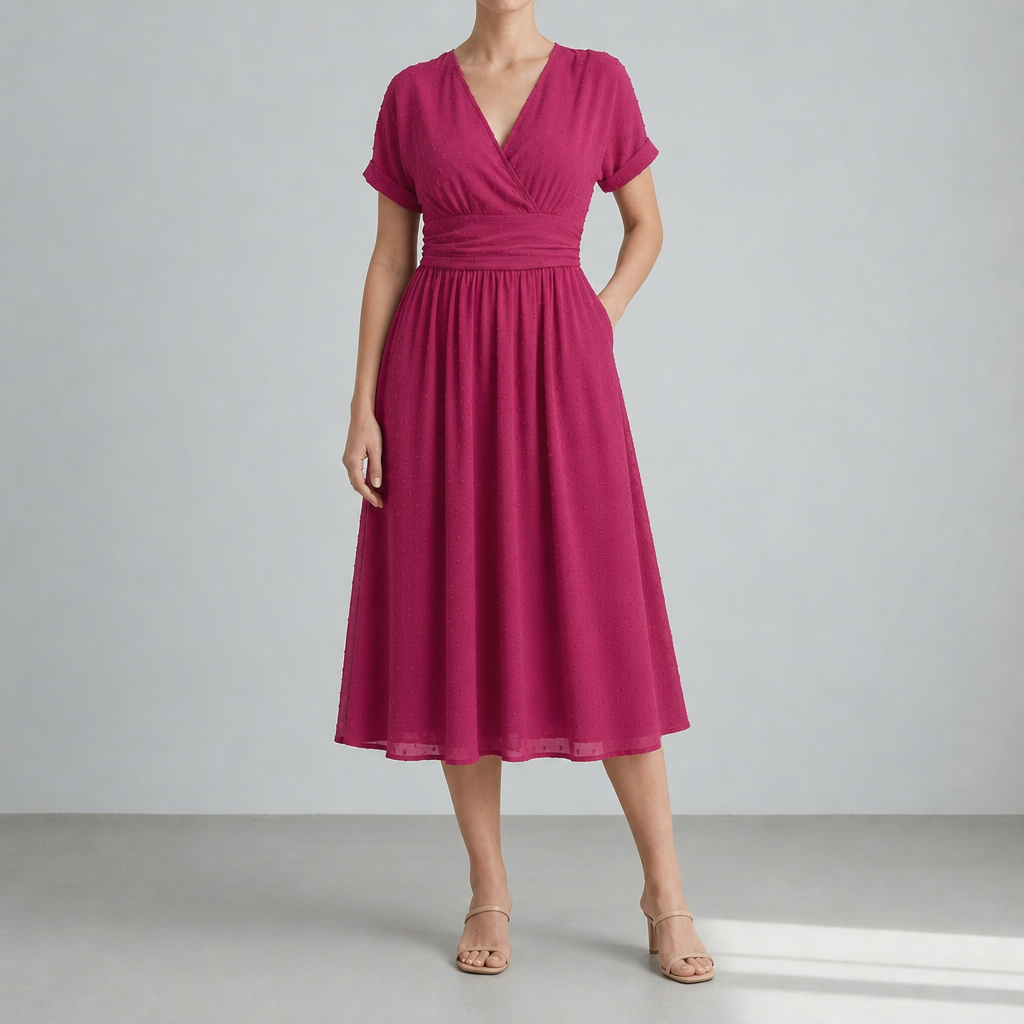 Bubblegum pink wrap midi dress with a V-neck, worn on a plain backdrop