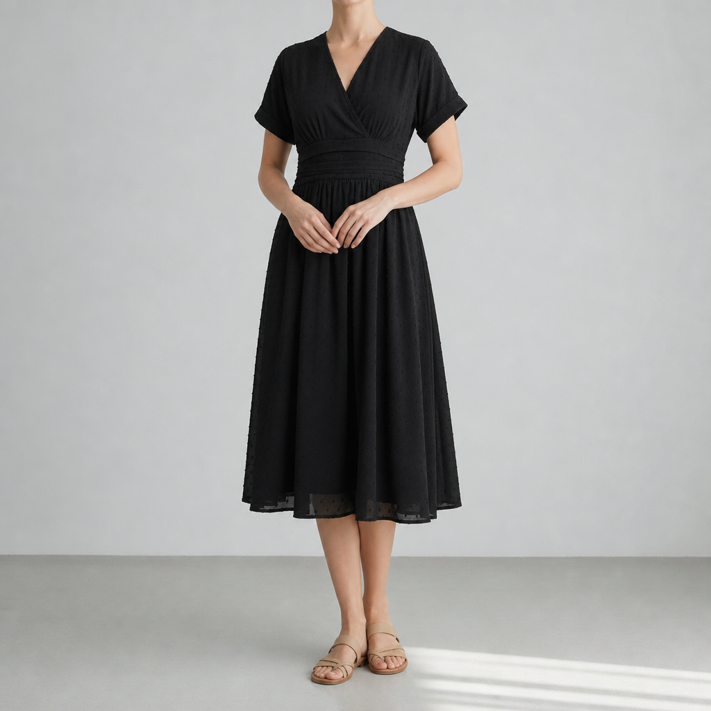 Black wrap midi dress with a V-neck, worn on a plain backdrop