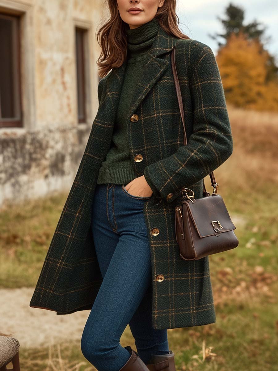 Women's Dark Green Wool Coat long checked fitted winter