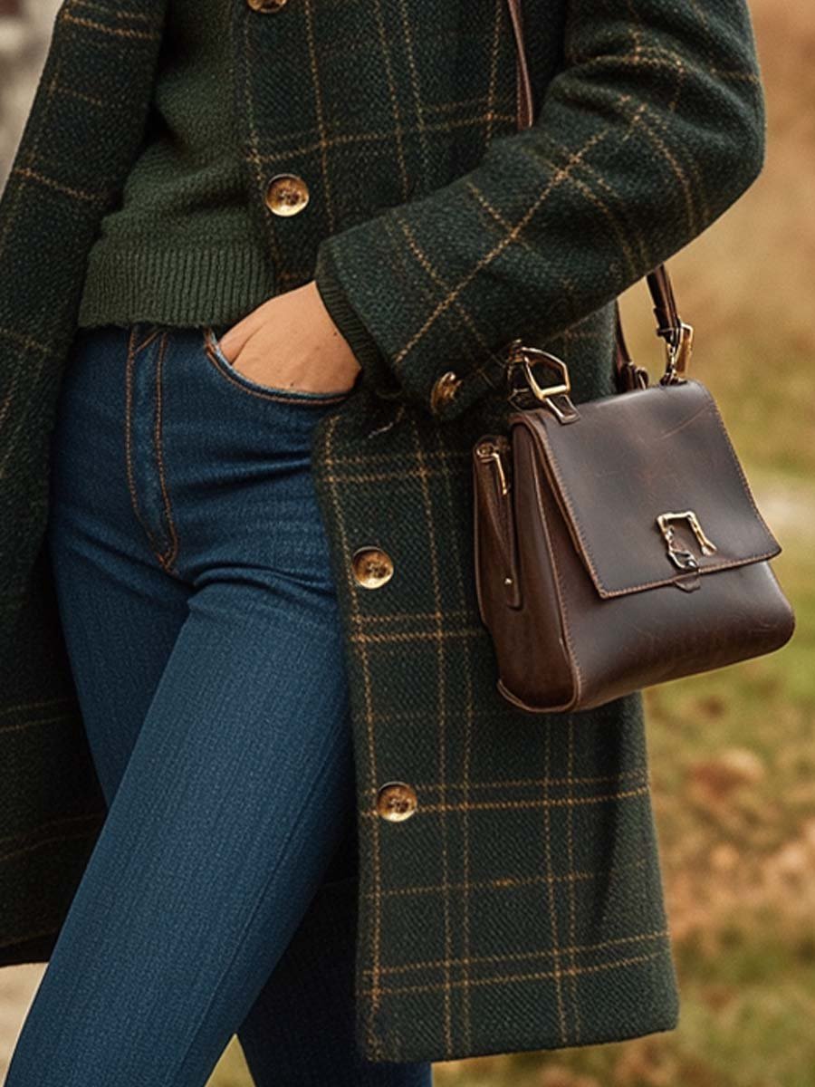 Women's Dark Green Wool Coat long checked fitted winter