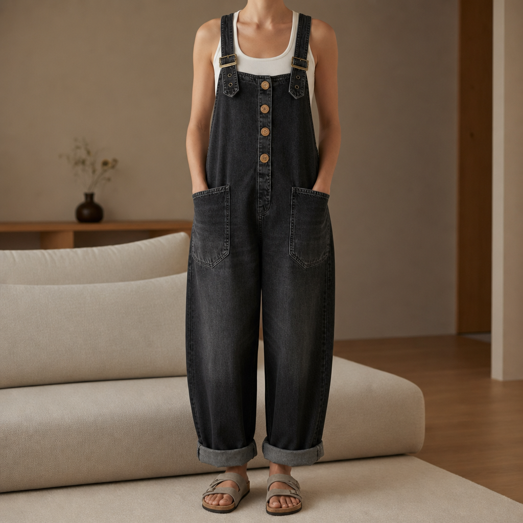 Charcoal wash wide-leg denim dungarees with button front, worn with a white tank top