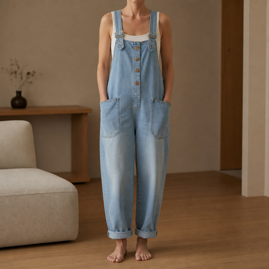 Light blue wash wide-leg denim dungarees with front pockets and rolled cuffs