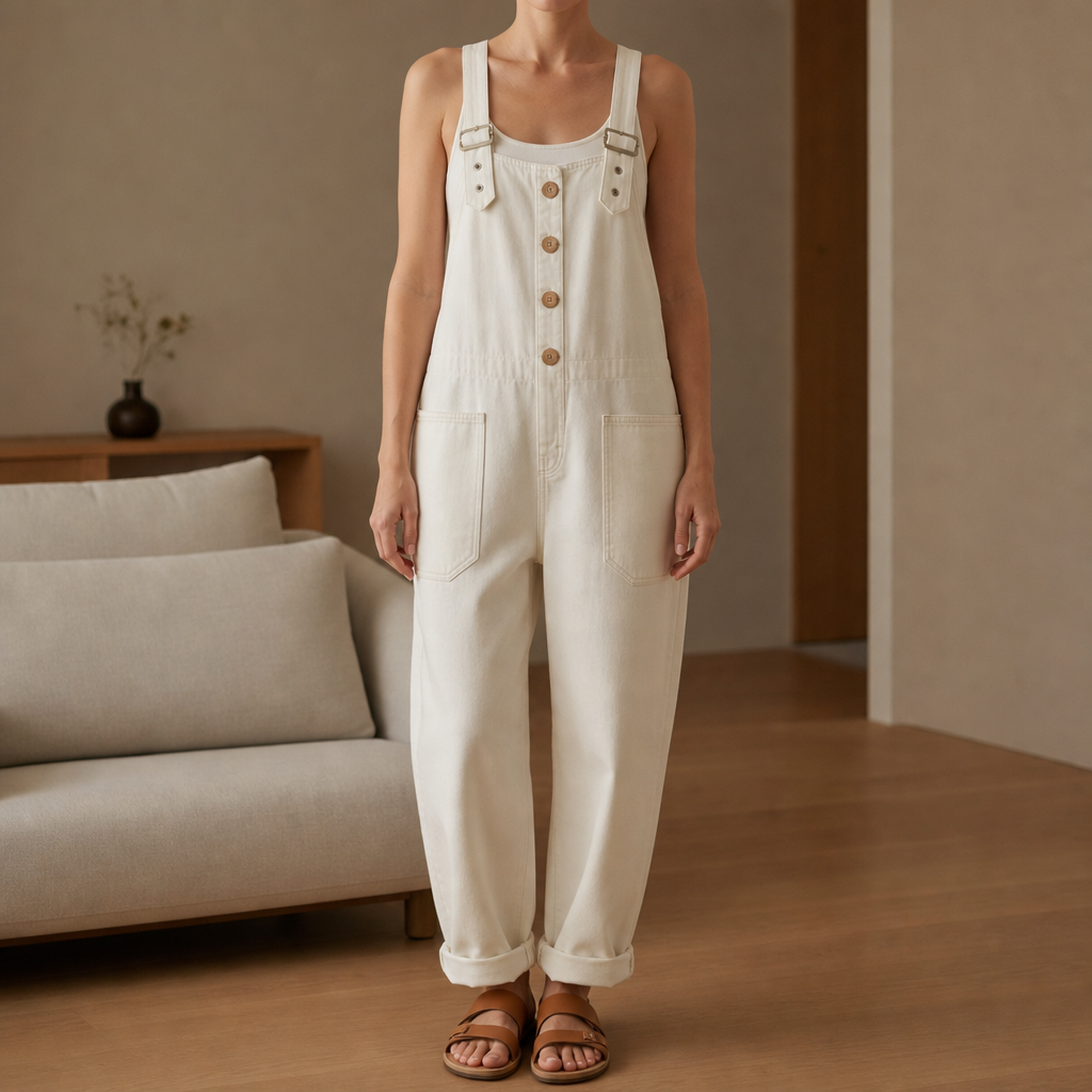 Cream wash wide-leg denim dungarees with button front, styled with tan sandals