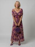 Women's purple midi dress off-shoulder ruched floral