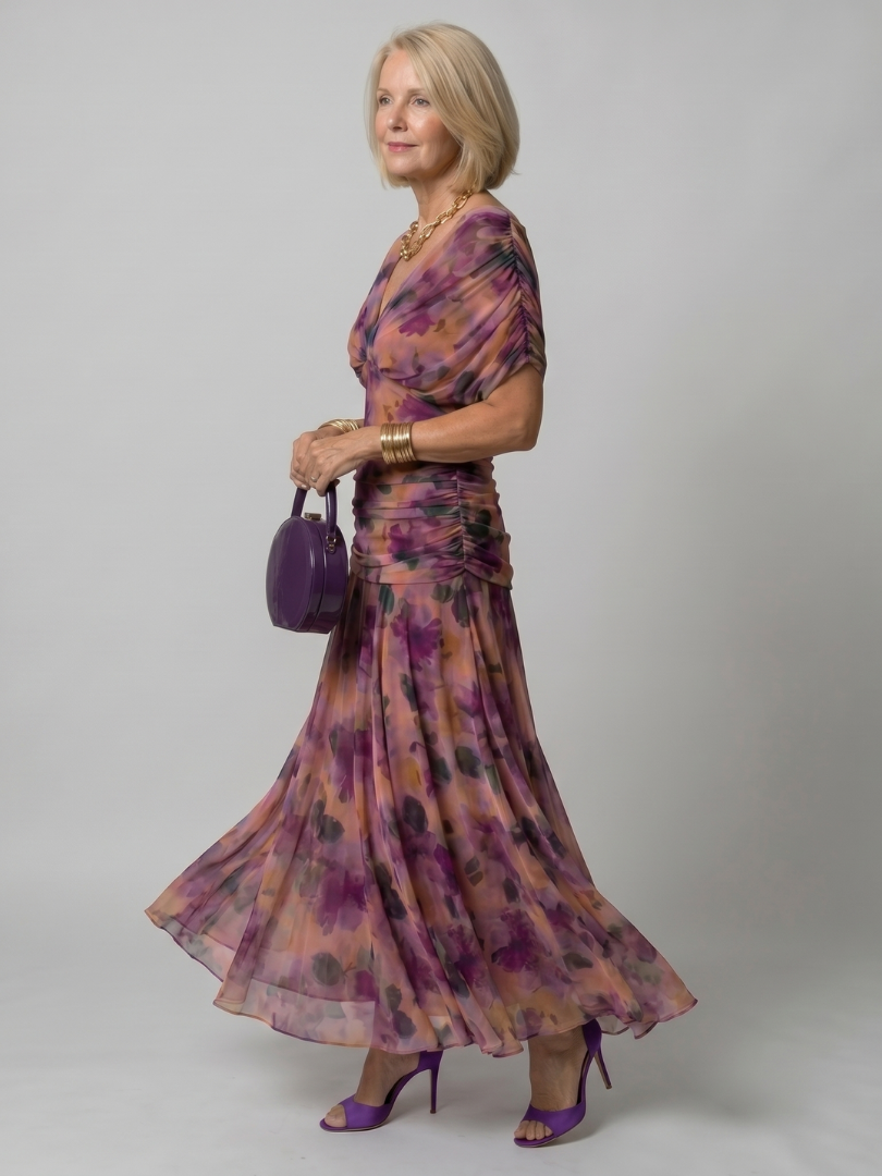 Women's purple midi dress off-shoulder ruched floral
