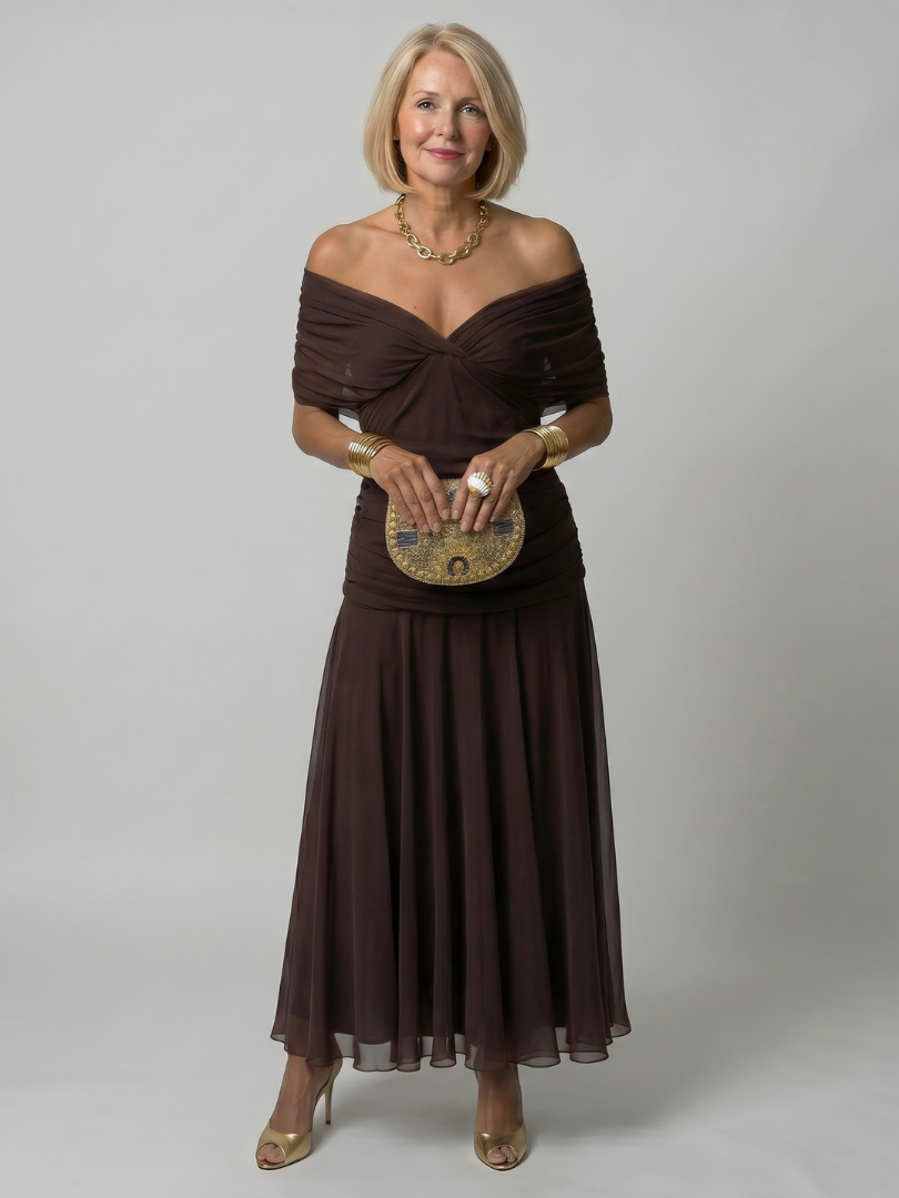 Women's dark green midi dress off-shoulder ruched floral