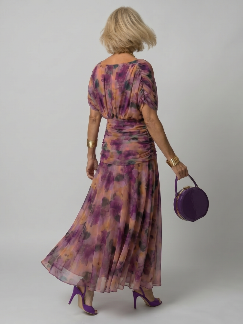 Women's purple midi dress off-shoulder ruched floral